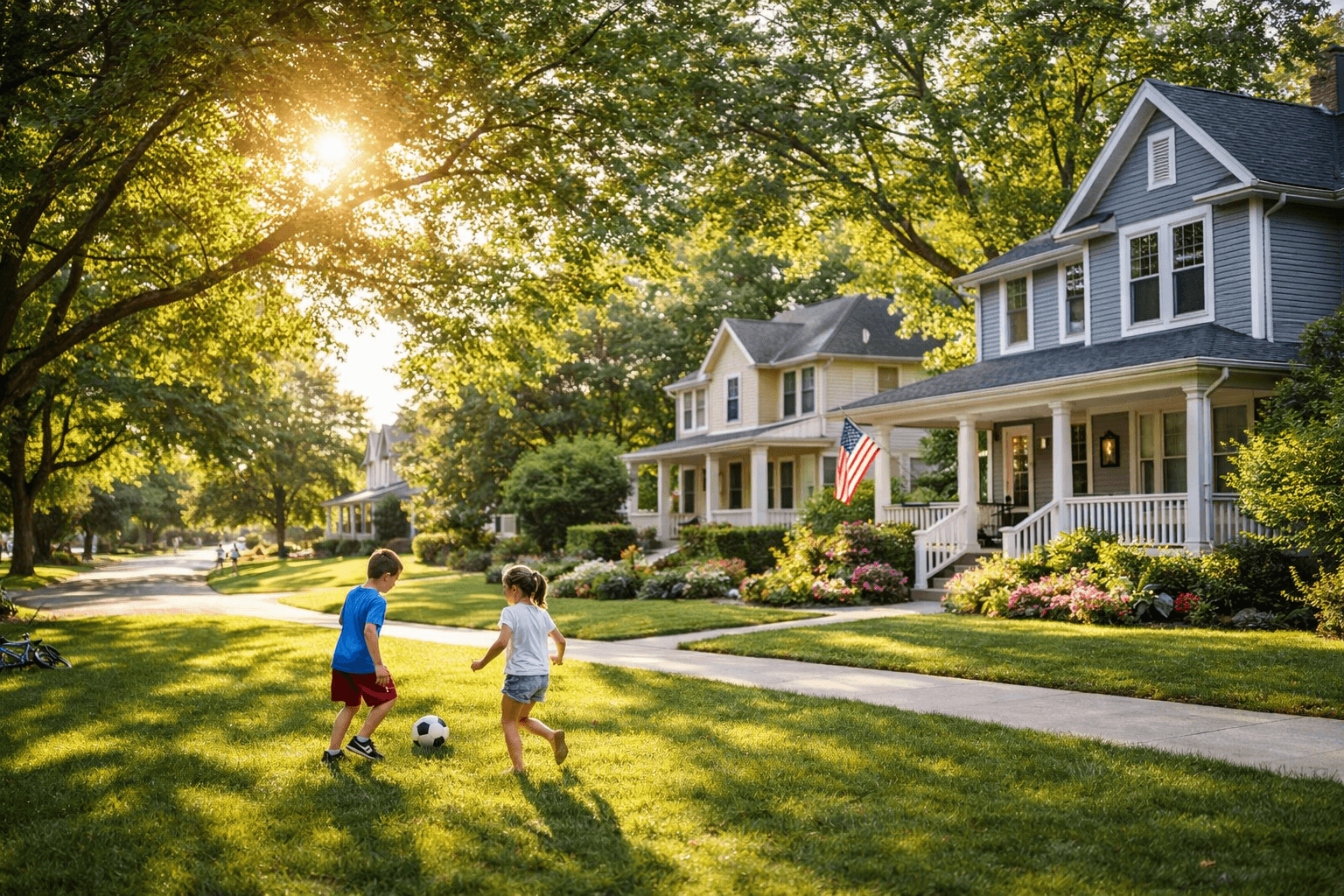 A warm suburban property scene with trees, gardens, and children playing outside.