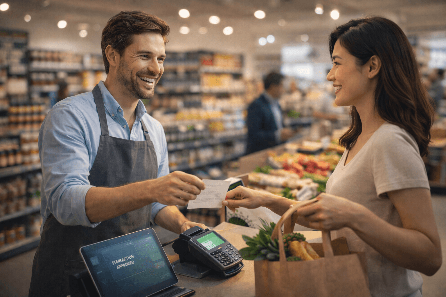 Retail commerce scene representing real-world checkout and customer interaction